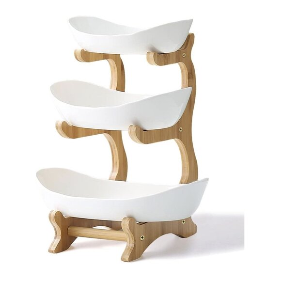 3Tier Ceramic Fruit Bowl w/ Bamboo Stand Kitchen Snacks Vegetable Storage White - Picture 1 of 4